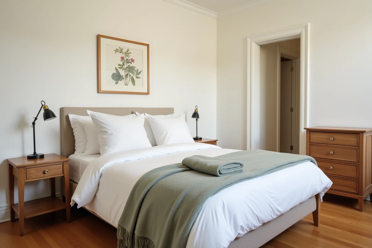 Chambre d'amis aménagée dans un petit espace avec lit double, tables de chevet en noyer et commode compacte
