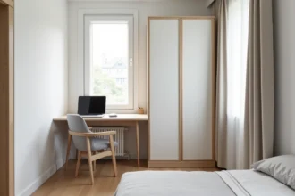 Petite chambre de 9m² aménagée en bureau à domicile avec bureau blanc, chaise ergonomique et armoire intégrée à miroir