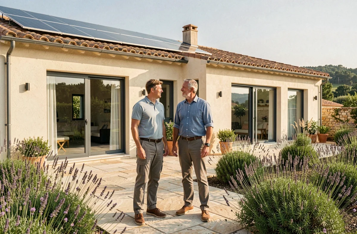 Équipe de CITTA devant une villa méditerranéenne rénovée avec panneaux solaires et finitions écologiques dans les Bouches-du-Rhône