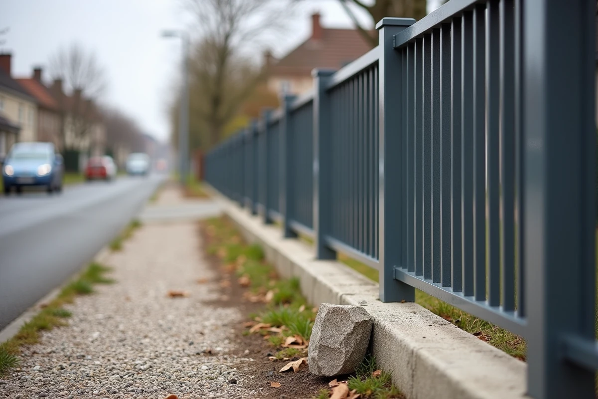 Clôture en limite de propriété entre deux maisons dans une rue résidentielle française avec borne cadastrale visible