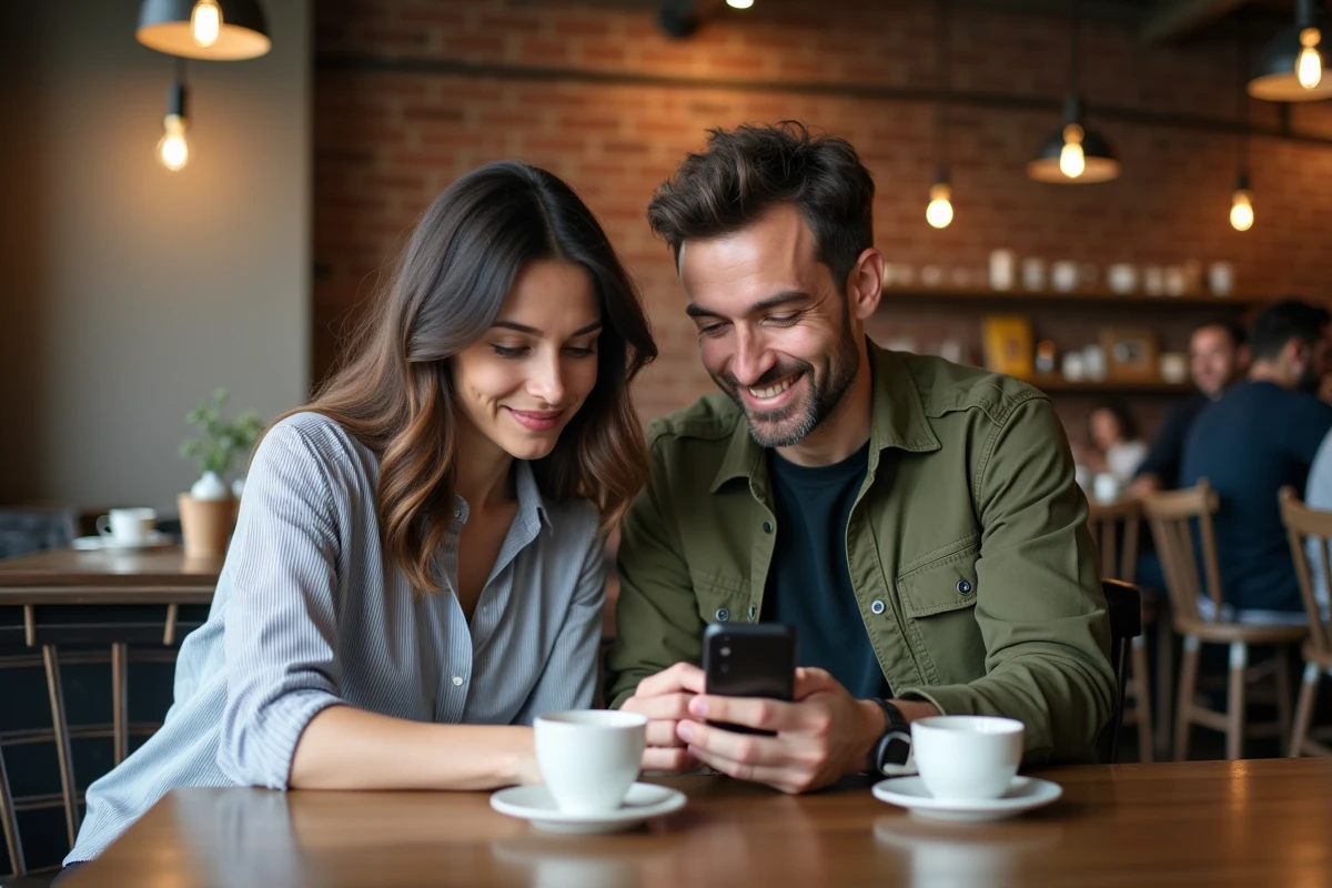 Deux collègues configurant ensemble les paramètres de l'application MyNexity dans un café urbain