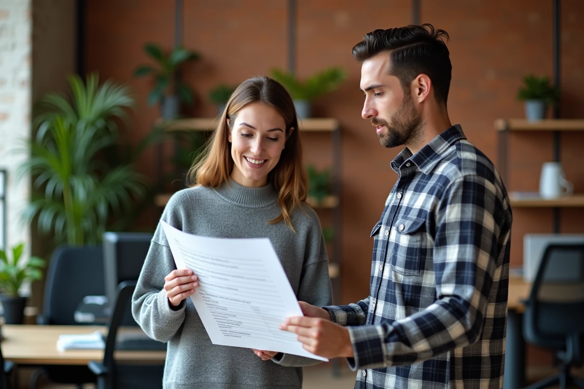 Deux collègues discutant d'un guide de nommage pour standardiser les abréviations d'appartement dans les bases de données