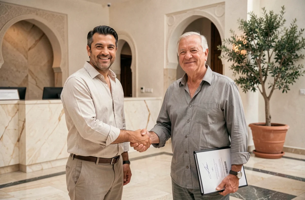 Acheteur et vendeur concluant une négociation immobilière avec poignée de main dans un immeuble résidentiel de Guéliz Marrakech