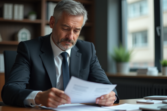 Conseiller bancaire en costume examine des documents de prêt immobilier