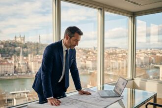 Conseiller en immobilier professionnel analysant des plans dans un bureau moderne à Lyon, Rhône-Alpes