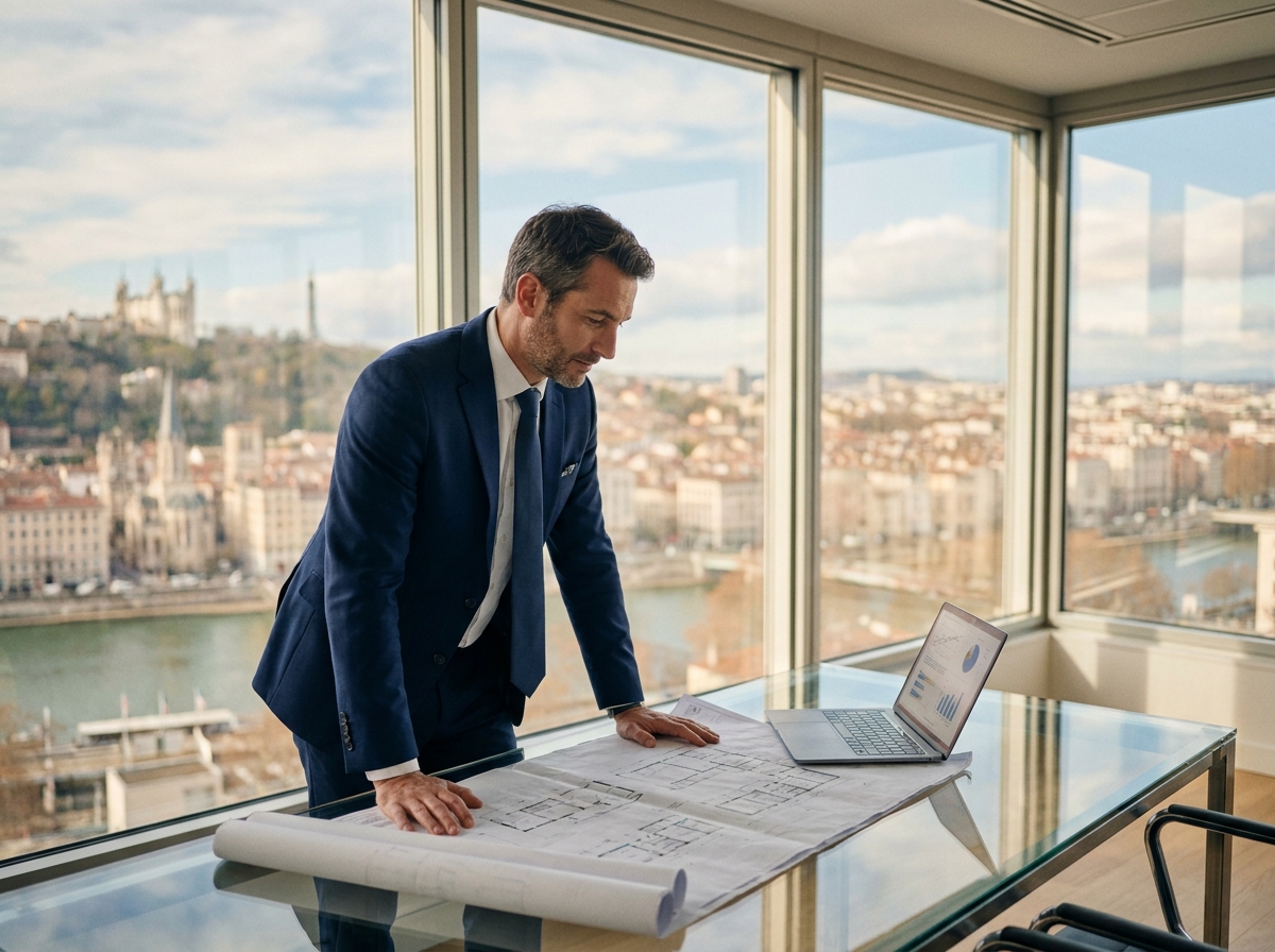 Conseiller en immobilier professionnel analysant des plans dans un bureau moderne à Lyon, Rhône-Alpes