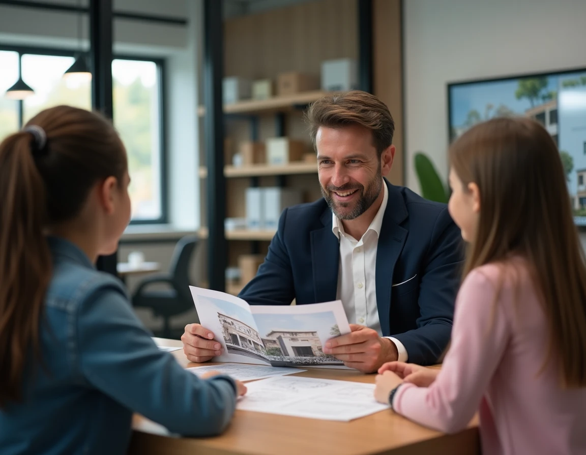 Conseiller immobilier présentant un projet de construction neuve à une famille dans une agence moderne