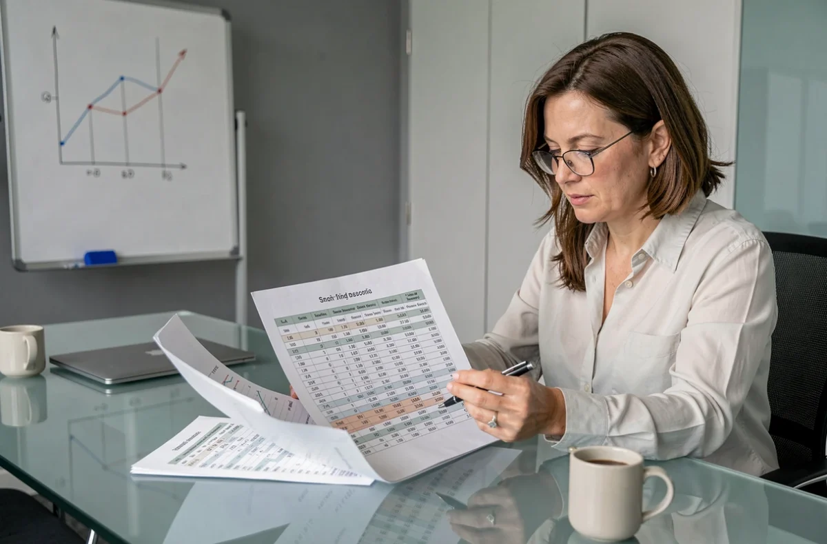 Consultante financière comparant des tableaux d'index BT47 et des données de révision de prix dans une salle de réunion d'entreprise