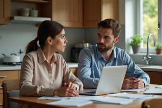 Femme d'âge moyen et jeune homme discutent à la cuisine