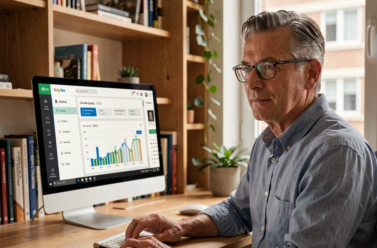 Copropriétaire gérant sa copropriété en ligne via une plateforme de syndic numérique depuis son bureau à domicile