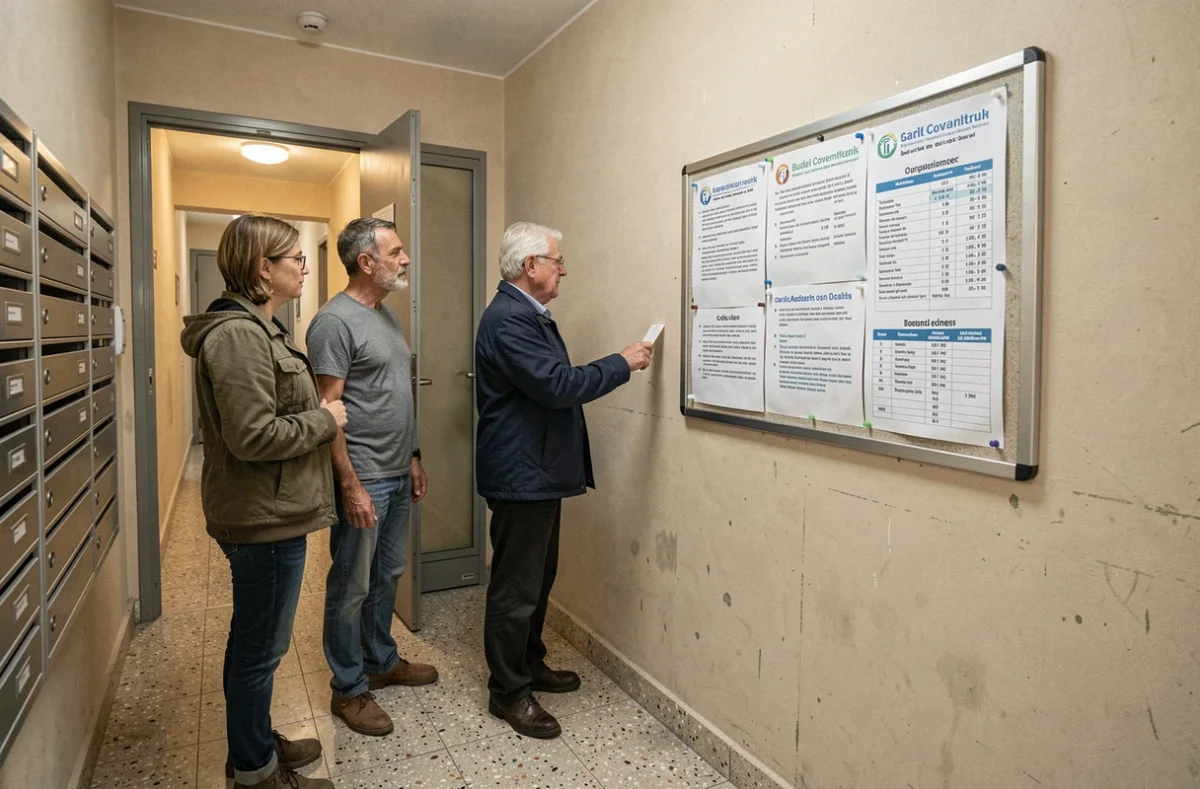 Copropriétaires discutant des annonces et du budget affiché dans le couloir d'un immeuble résidentiel