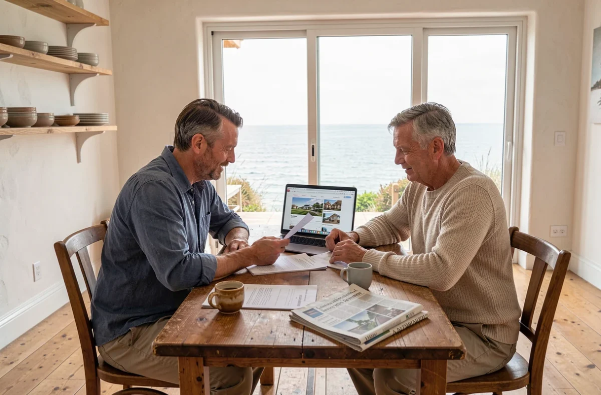 Couple étudiant des documents immobiliers dans un appartement en bord de mer, avec vue panoramique sur l'océan en arrière-plan