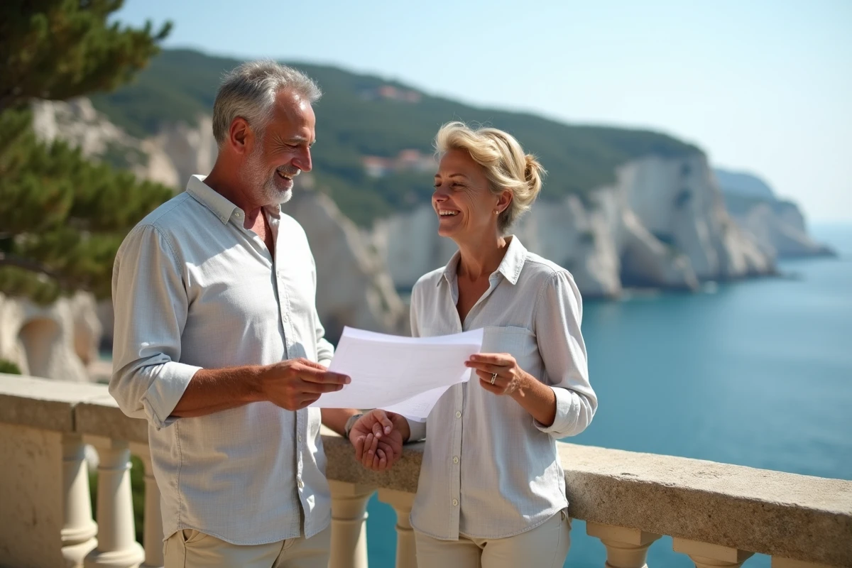Couple examinant un bien immobilier avec vue sur les Calanques près de Marseille