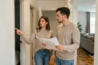 Couple discutant du nombre de chambres dans un appartement T3 en tenant un plan de logement