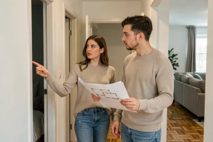 Couple discutant du nombre de chambres dans un appartement T3 en tenant un plan de logement
