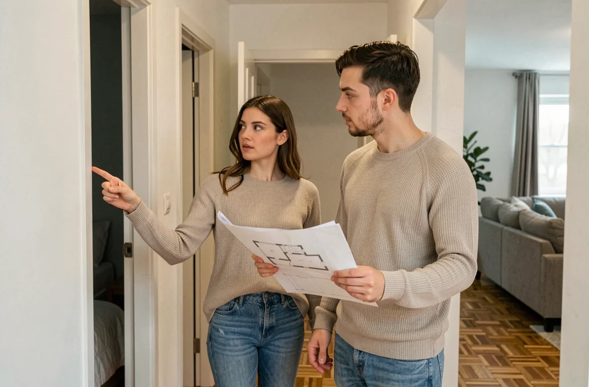 Couple discutant du nombre de chambres dans un appartement T3 en tenant un plan de logement