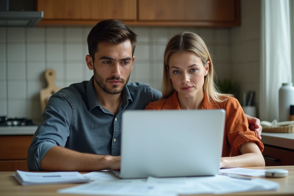 Couple en CDI consultant le portail AL'in sur un ordinateur portable avec des documents de revenus sur la table
