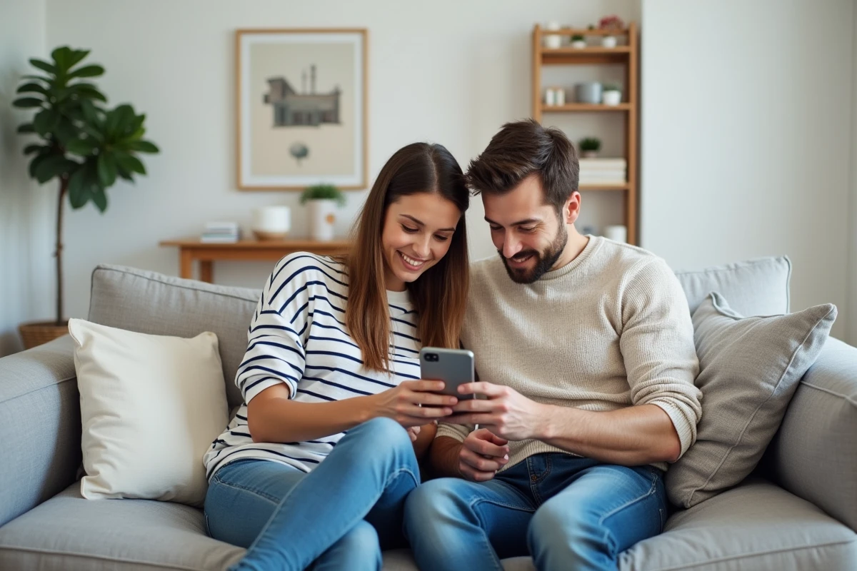 Couple consultant une application de gestion immobilière sur smartphone depuis leur salon, utilisation de Prop.itea à domicile