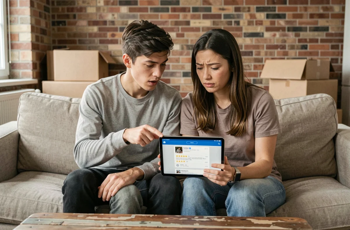 Couple consultant des avis en ligne sur une tablette pour évaluer la fiabilité de 123loger avant de louer un appartement