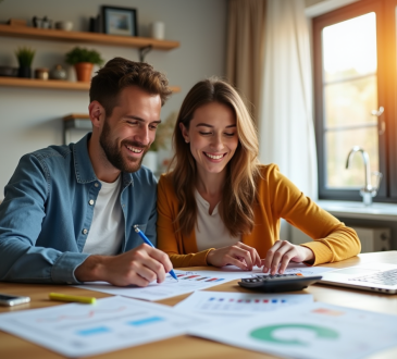 Jeune couple souriant à la cuisine avec papiers et ordinateur pour la gestion locative