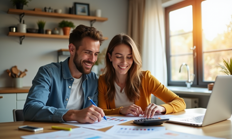 Jeune couple souriant à la cuisine avec papiers et ordinateur pour la gestion locative