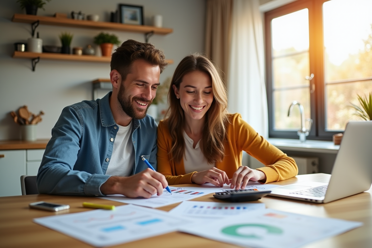 Jeune couple souriant à la cuisine avec papiers et ordinateur pour la gestion locative