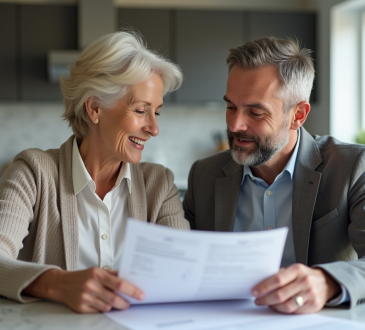 Couple de milieu d'âge discutant de documents de prêt immobilier