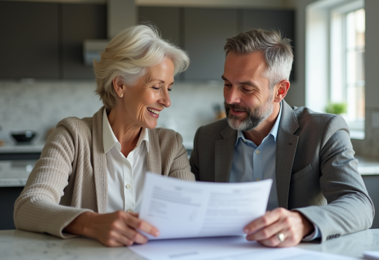 Couple de milieu d'âge discutant de documents de prêt immobilier