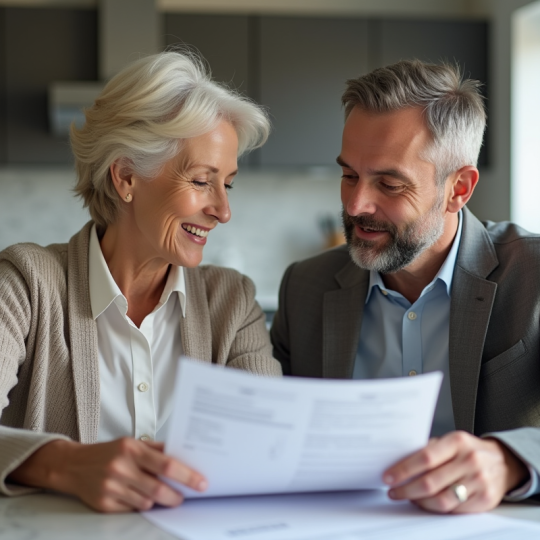 Couple de milieu d'âge discutant de documents de prêt immobilier