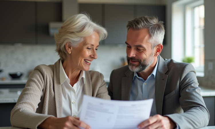 Couple de milieu d'âge discutant de documents de prêt immobilier