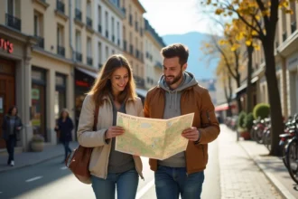 Couple se promenant dans un quartier résidentiel de Chambéry en consultant un plan de la ville