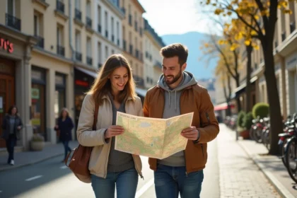 Couple se promenant dans un quartier résidentiel de Chambéry en consultant un plan de la ville