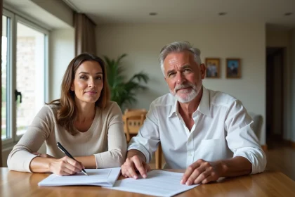 Couple d'adultes examine des documents immobiliers à la maison