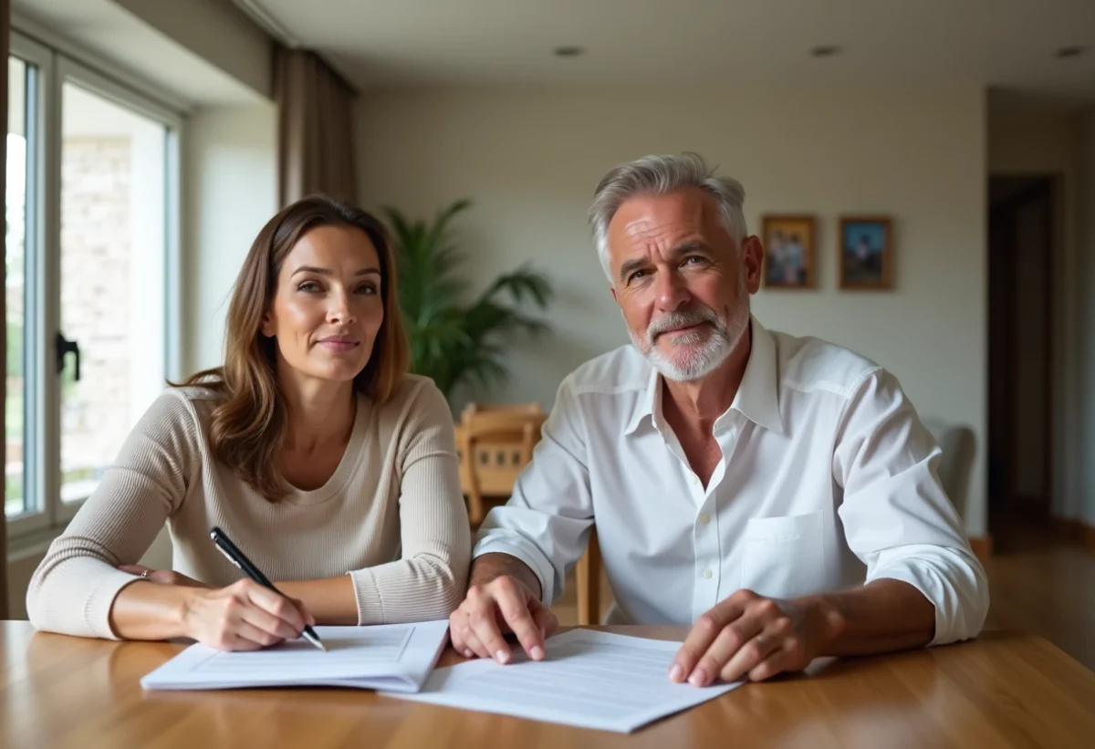 Couple d'adultes examine des documents immobiliers à la maison