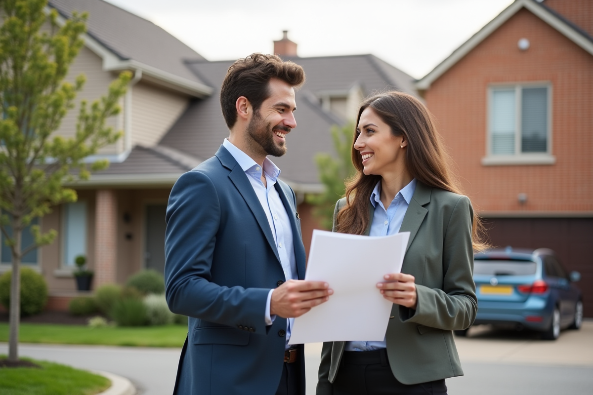 Jeune couple discutant devant une maison résidentielle