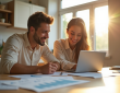 Jeune couple souriant discutant de prêt immobilier dans une cuisine lumineuse
