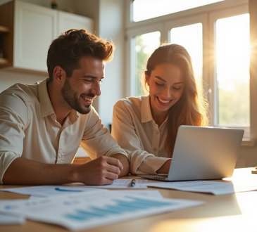 Jeune couple souriant discutant de prêt immobilier dans une cuisine lumineuse