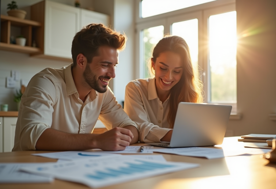 Jeune couple souriant discutant de prêt immobilier dans une cuisine lumineuse