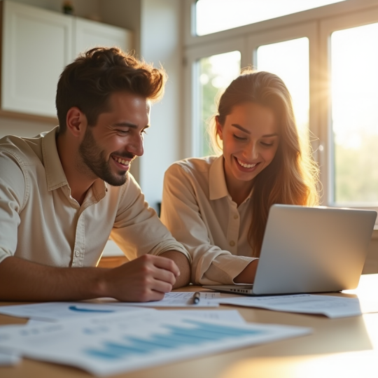 Jeune couple souriant discutant de prêt immobilier dans une cuisine lumineuse