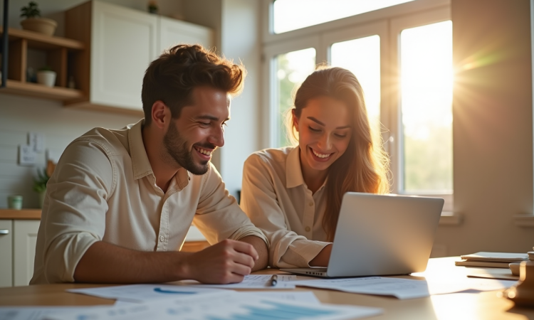 Jeune couple souriant discutant de prêt immobilier dans une cuisine lumineuse
