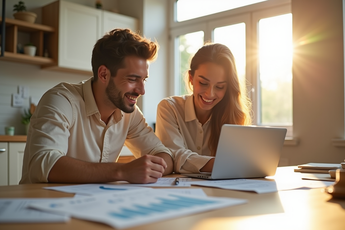 Jeune couple souriant discutant de prêt immobilier dans une cuisine lumineuse