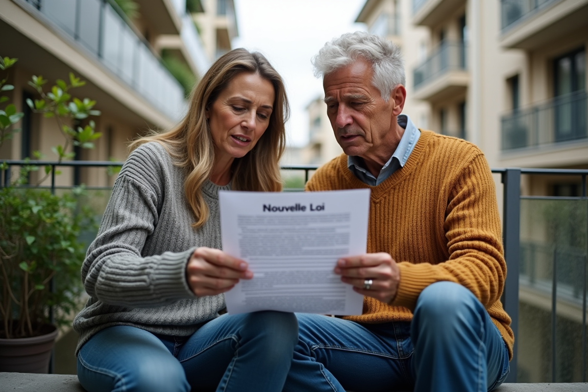 Couple discutant sur un balcon avec document Nouvelle Loi