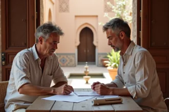 Couple français examinant des documents immobiliers dans un riad de Marrakech avant un achat