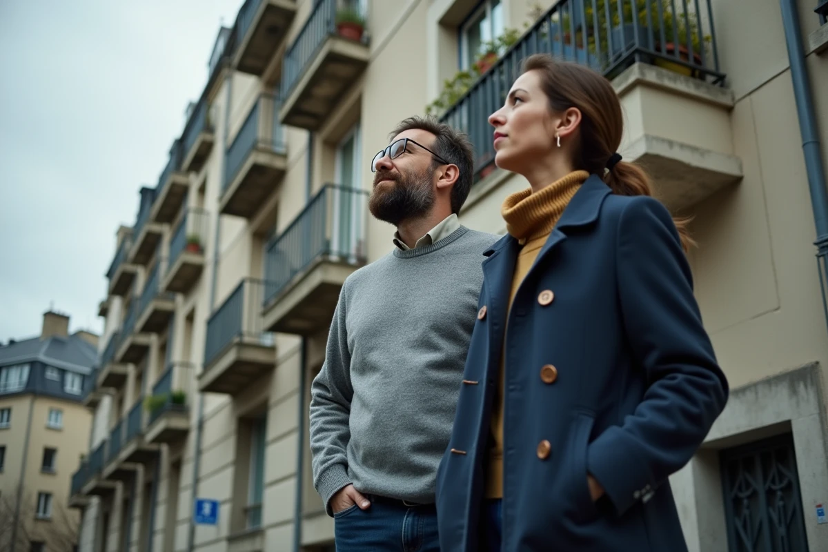 Couple devant un immeuble de logement social HLM à Paris dans le 13ème arrondissement