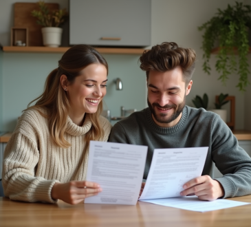 Jeune couple discutant de contrats de location à la maison
