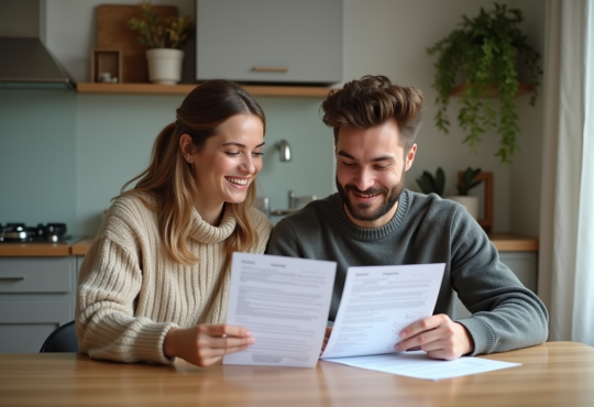 Jeune couple discutant de contrats de location à la maison