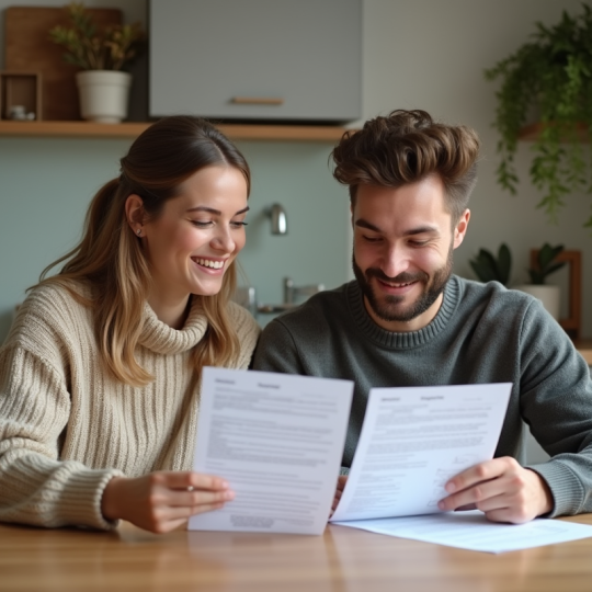 Jeune couple discutant de contrats de location à la maison