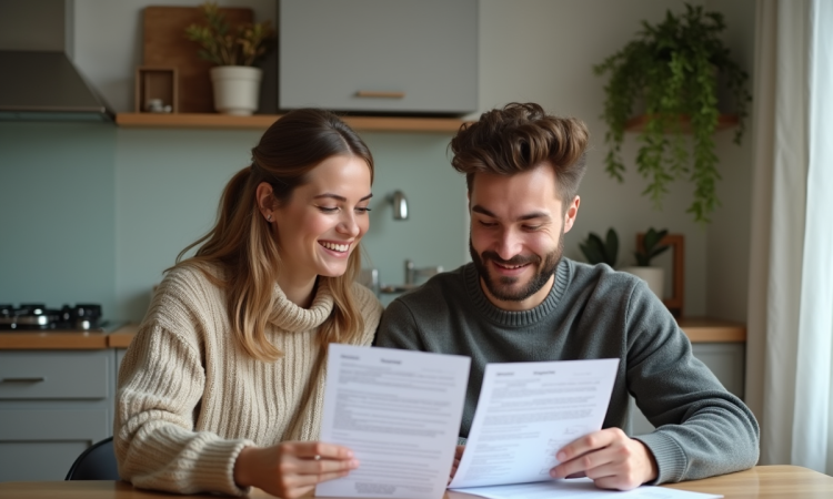 Jeune couple discutant de contrats de location à la maison