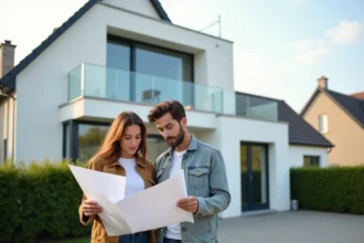 Couple examinant les plans de leur maison neuve devant une construction Les Nouveaux Constructeurs en 2026