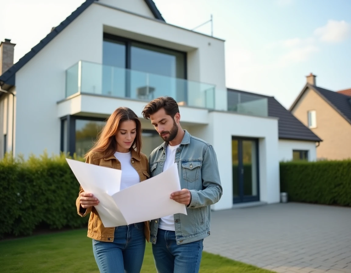 Couple examinant les plans de leur maison neuve devant une construction Les Nouveaux Constructeurs en 2026